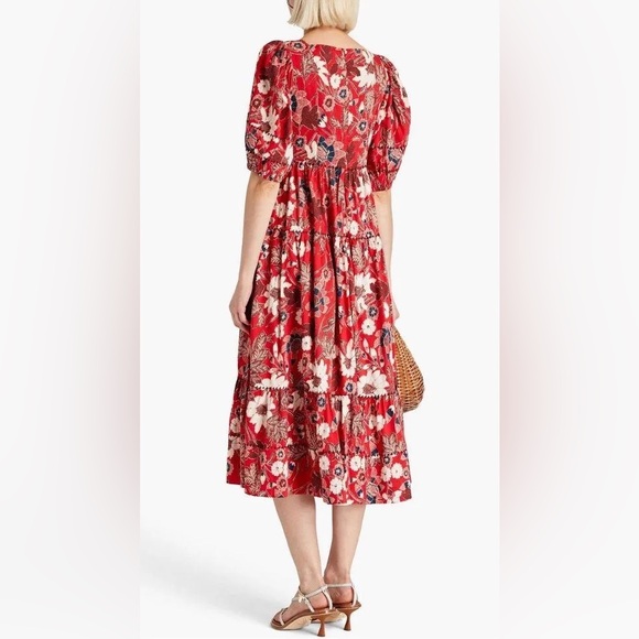 Ulla Johnson Nora Floral Gathered Midi Dress Size 12  Red Puff Sleeve Tiered - Picture 2 of 16